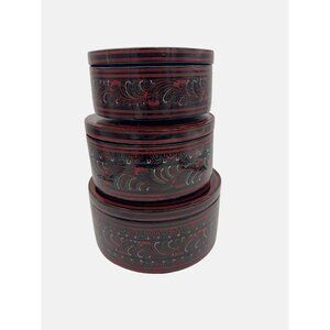 3 Handcrafted Round Lacquerware Nesting Storage Boxes Red & Black Patterns